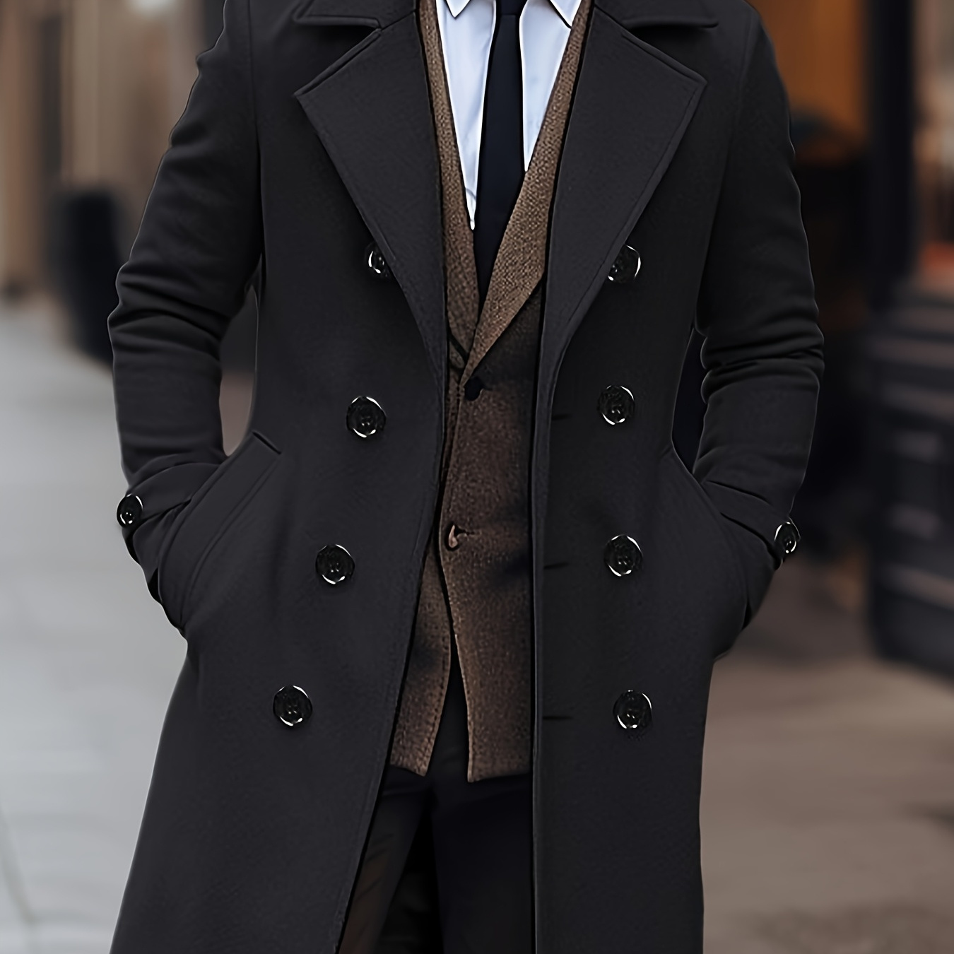 

Men' Breasted Lapel Black Coat Men Mid Length Regular Fit Grey Overcoat- Outdoor Coat - Polyester And