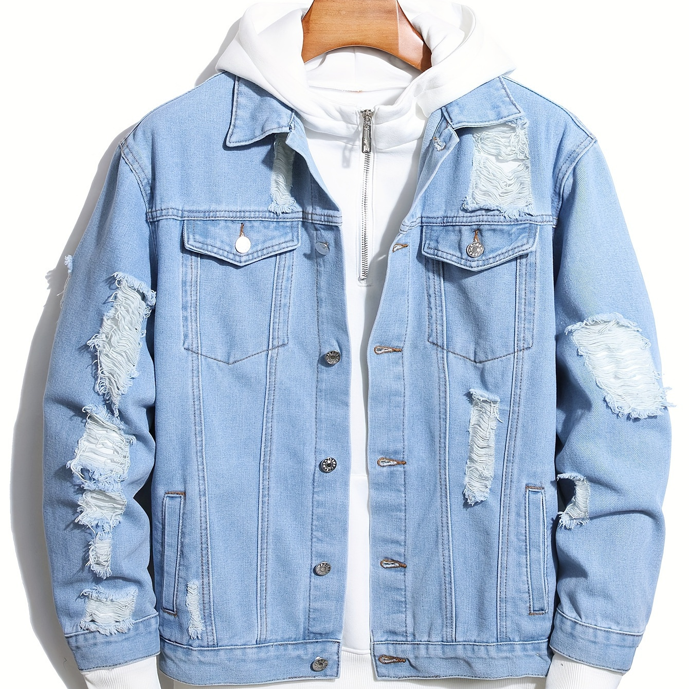 

Men's Casual Ripped Denim Jacket, Chic Street Style Chest Pocket Button Up Coat