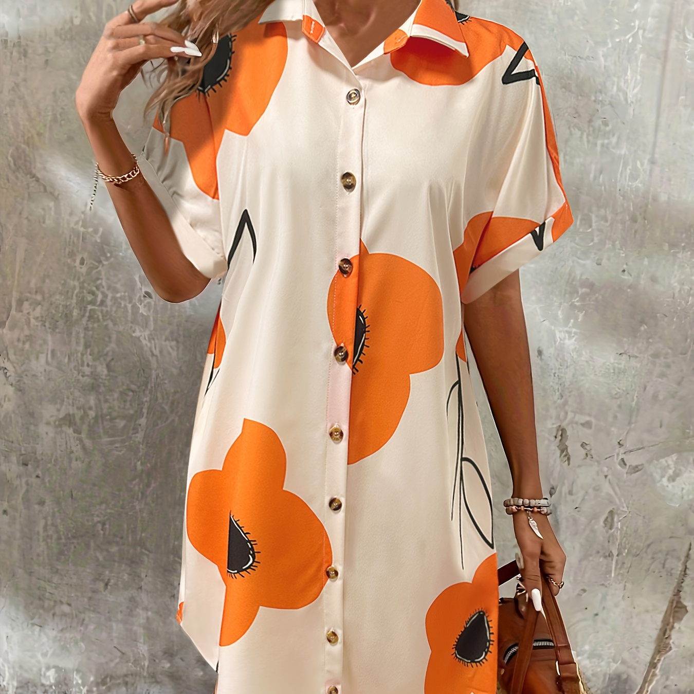 

Floral Print Button Up Shirt Dress, Casual Short Sleeve Collared Loose Dress, Women's Clothing