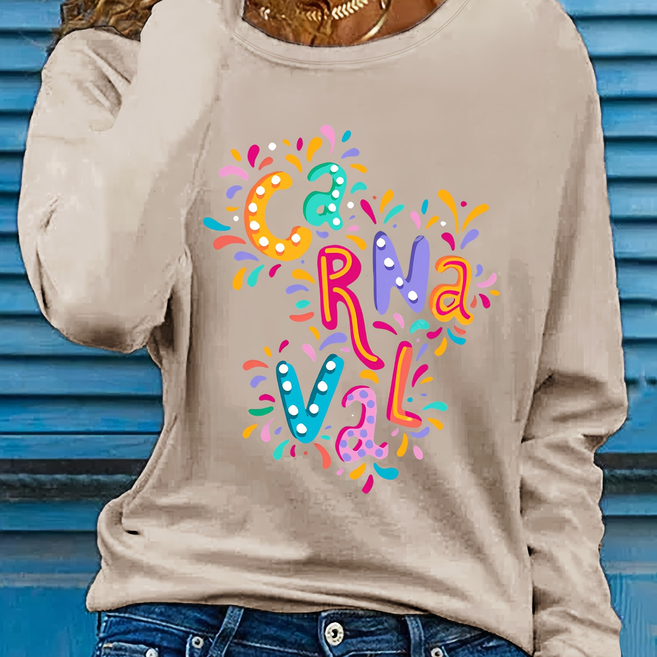 

Carnival Graphic Long Sleeve T-shirt For Women - Casual Crew Neck Top, Machine Washable, Polyester, Spring & Fall, Women's Clothing