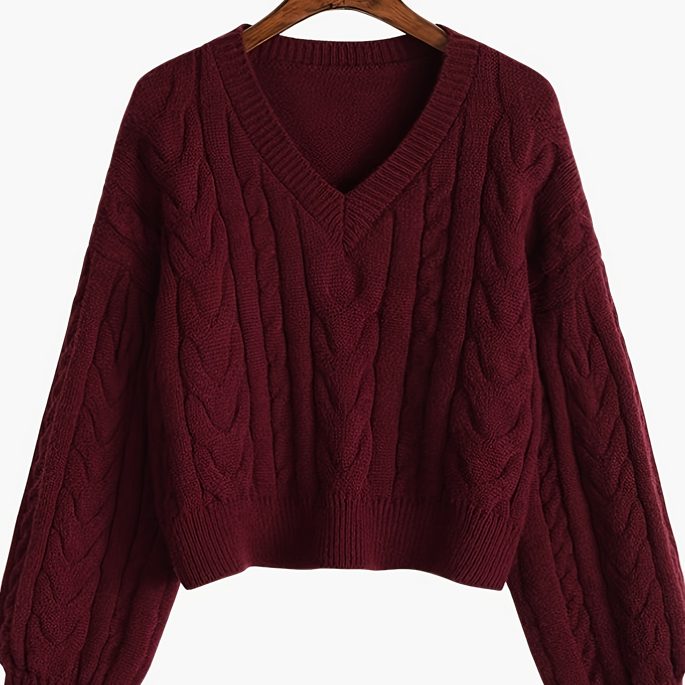 

Elegant V-neck Pullover Sweater For Women, Viscose Knit Fabric, Solid Color, , With Cable Knit Pattern, Relaxed Style, Plus Size, Short