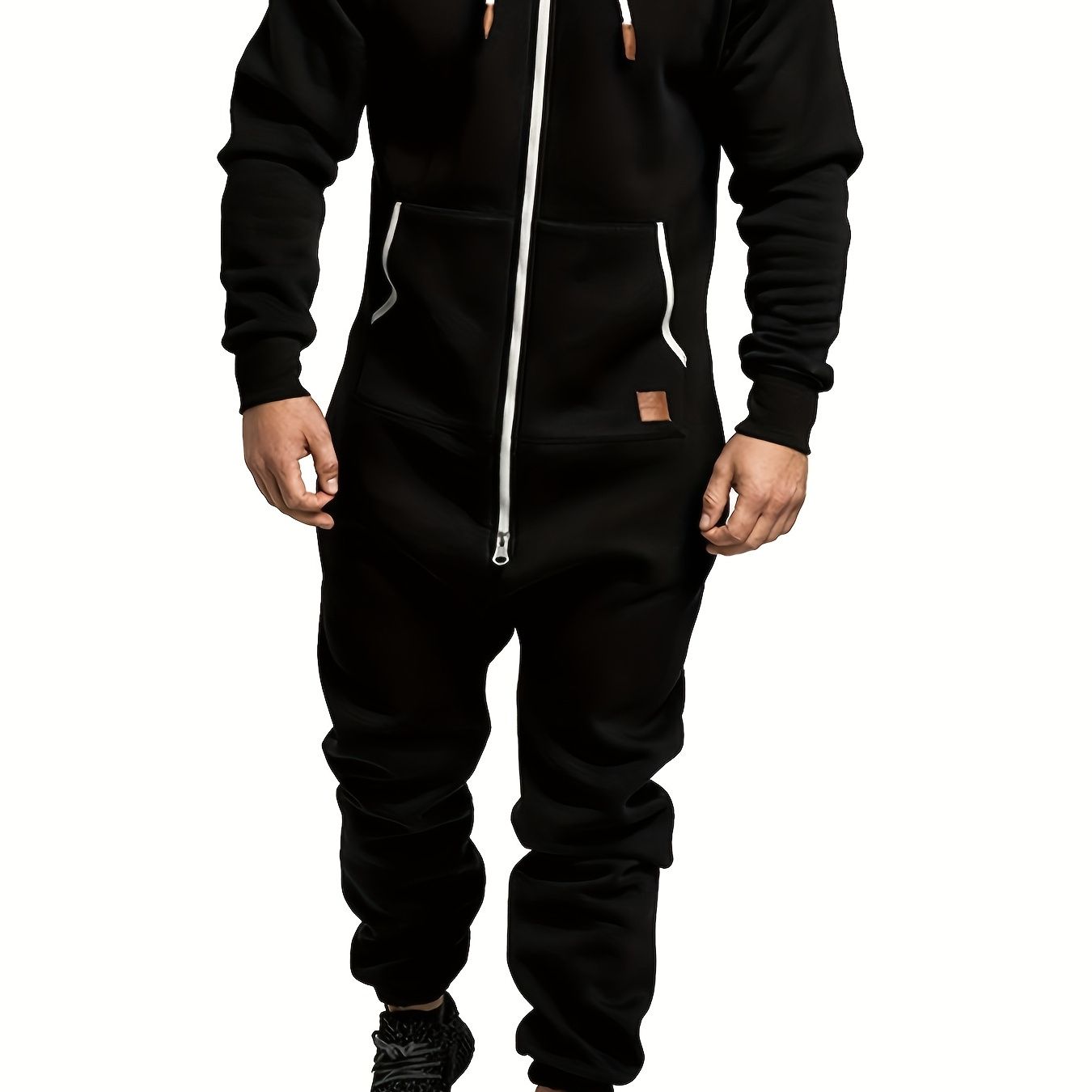 

Men's Hooded Fleece Lining Jumpsuit, Long Sleeve Full Zipper Overalls With Kangaroo Pockets