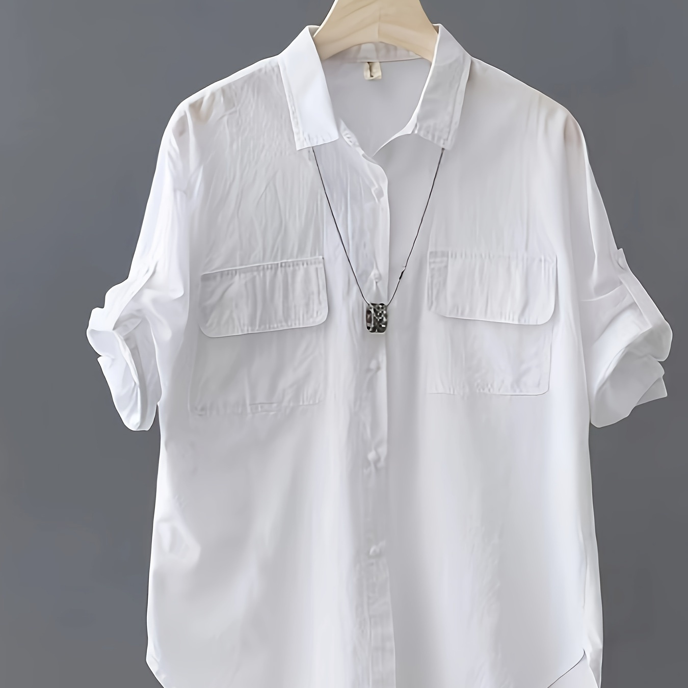 

Button-up Shirt With Dual Pockets - Mid-sleeve, Polyester, For Women - Machine Washable & Dry , Ideal For Spring/summer/fall, Casual Wear Shirt| Top|plain Weave Shirt