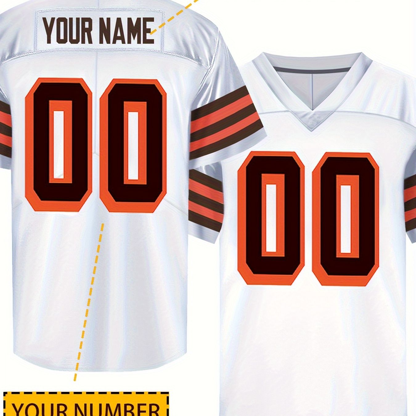 

Customizable Men's Football Jersey - & Number | Breathable, Sporty V-neck Top In White With Brown Stripes | Casual, Party, Training & Wear