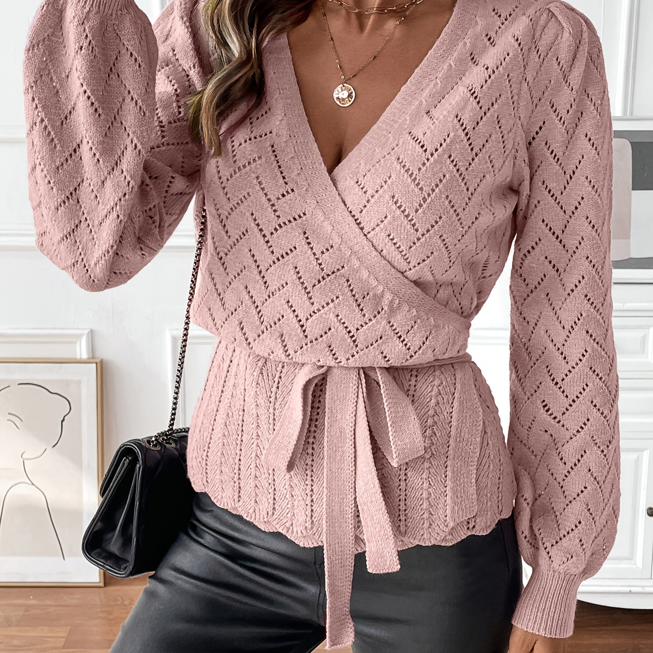 

Cardigan Tricoté Élégant Rose à Col en V avec Taille Nouée et Bordure en Dentelle, Manches Longues - Chic & Polyvalent pour Automne/Hiver, Cardigan à Bordure en Dentelle