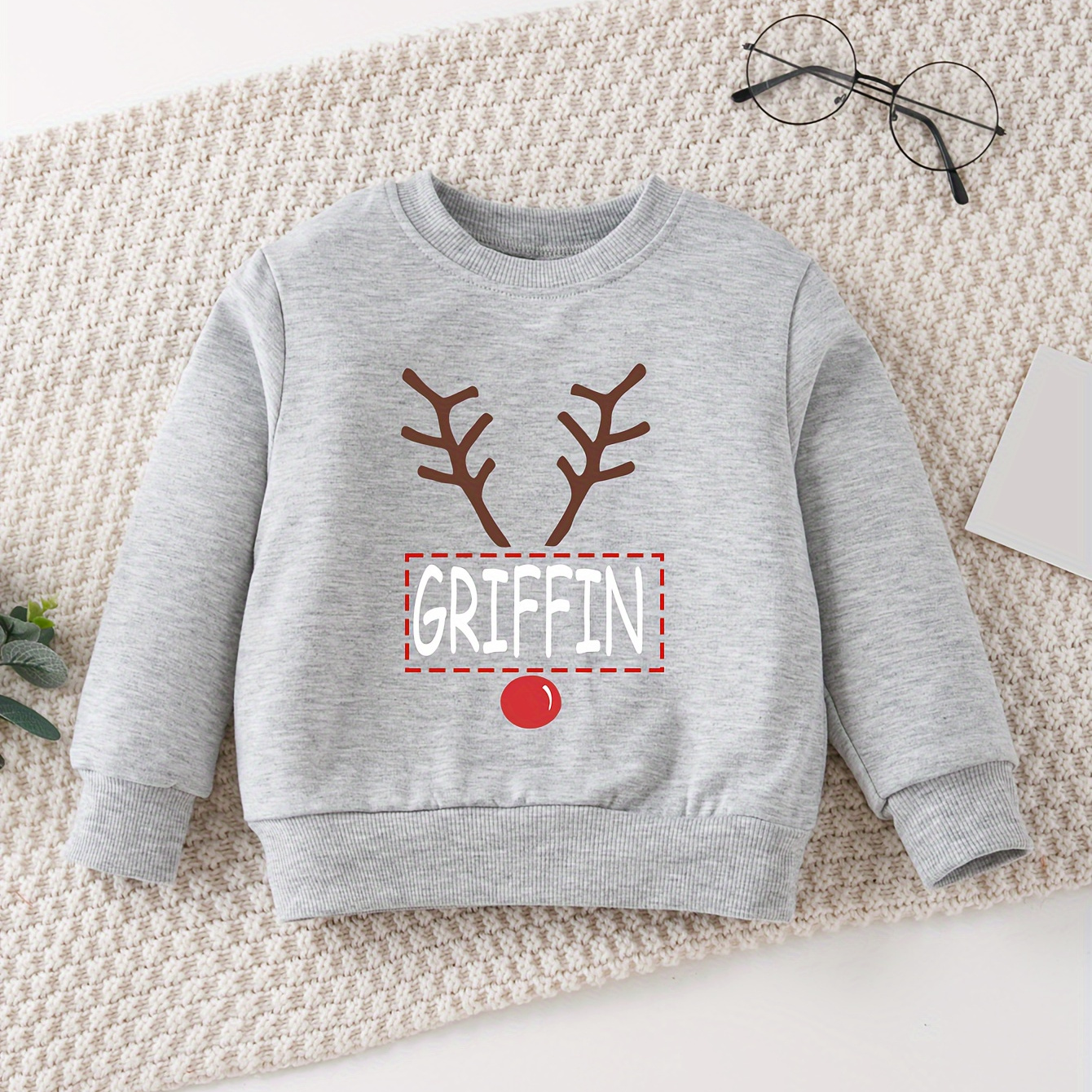 

Custom Name & Reindeer Antler Print Girls' Sweatshirt - Cozy Polyester , Casual Round Neck Pullover For Spring/fall, Christmas, Sweatshirt, Customized, Deer Antler, Casual