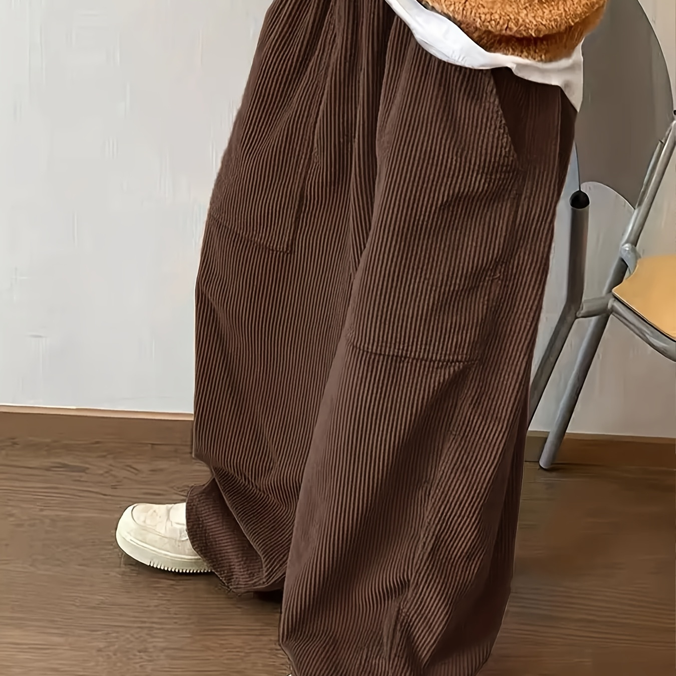 

1pc Men's Casual Corduroy Pants - Solid Color Loose Fit With Pockets, Polyester 100%, Non-stretch Woven Fabric, Regular Length, Adult - Multiple Sizes