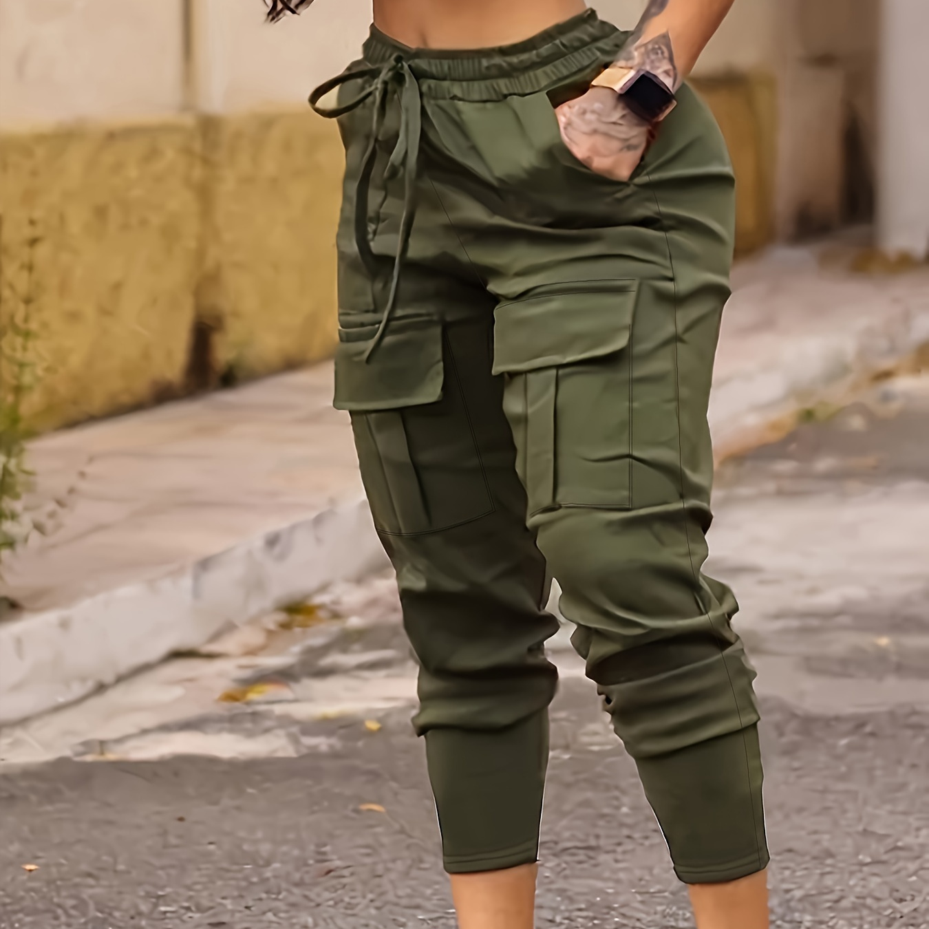 

Women's Solid Color Cargo Joggers With Pockets, High Elasticity Slim Fit Outdoor Pants, Casual Drawstring Waist Trousers, Athletic Style For Fall & Winter