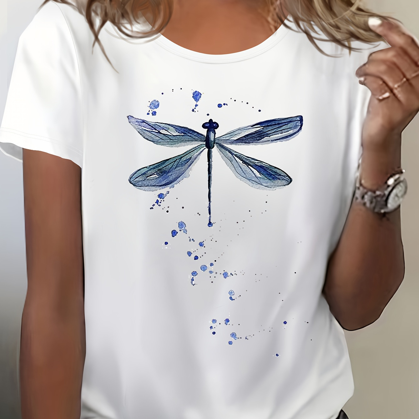 

Dragonfly Graphic Print T-shirt, Short Sleeve Crew Neck Casual Top For Summer & Spring, Women's Clothing