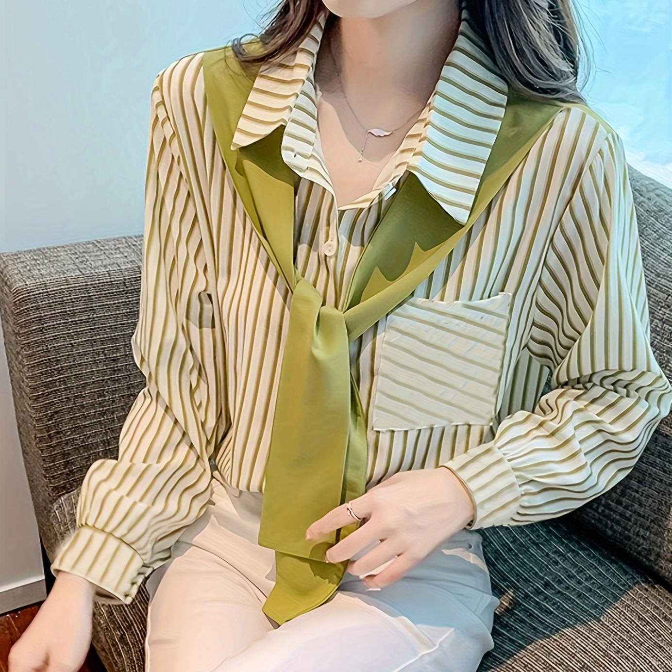 

Long Sleeve Striped Polyester -up And For /fall - - Shirting Breasted