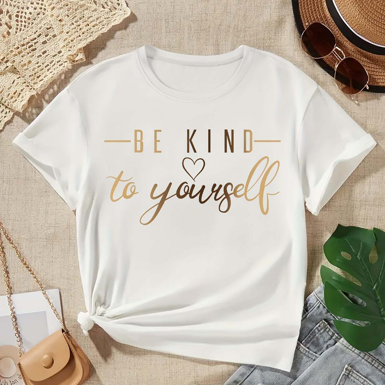 

Be Kind To Yourself & Heart Graphic Print Tee, Tween Girls' Stylish & Comfy Crew Neck Short Sleeve T-shirt For Spring & Summer, Tween Girls' Clothes For Everyday Life