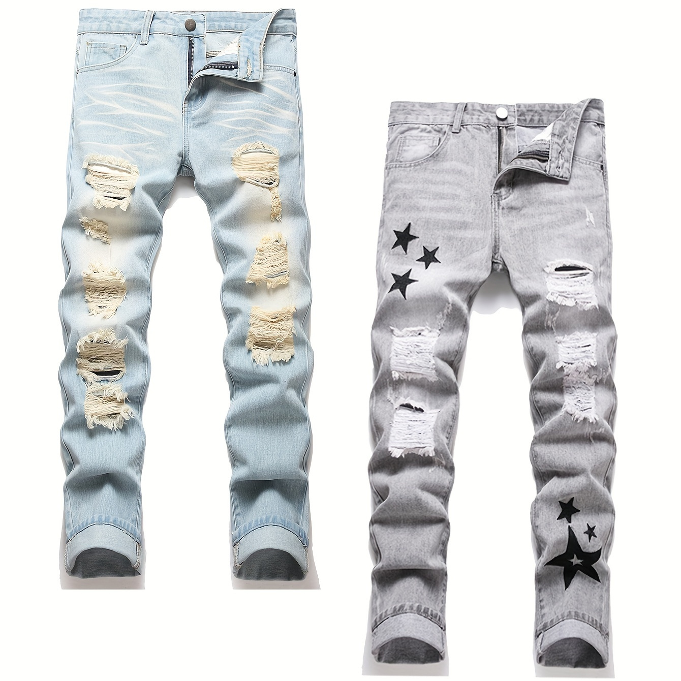 

Two-pack Men's Ripped Washed Jeans & Men's Star Embroidered Slim Jeans Fashionable Casual Men's Pants Distressed Ripped Skinny Jeans Men'-pack Halloween Gifts