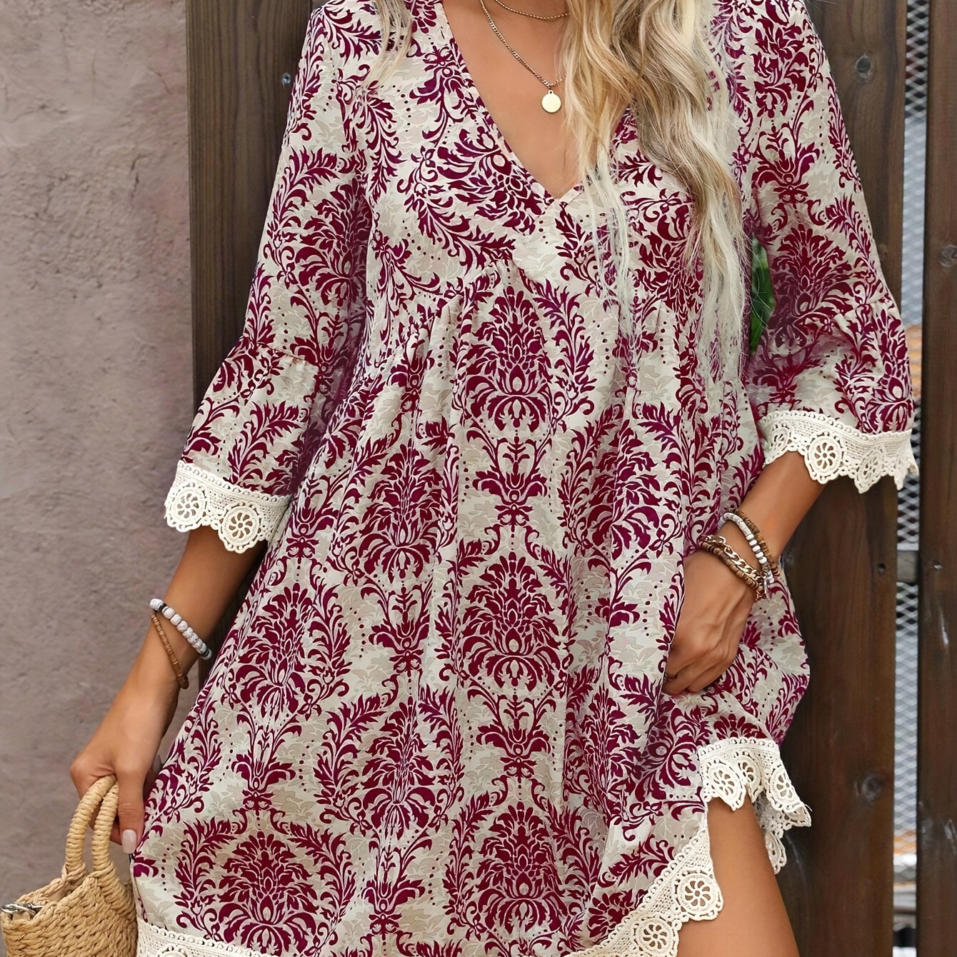 

Print V Neck Loose Dress, /4 Sleeve Dress For Spring & Fall, Women's Clothing