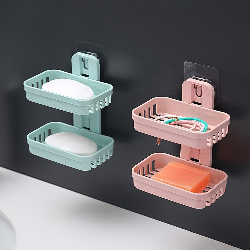 Self-adhesive Soap Holder, Soap Dish Box Removable Wall Mounted Powerful  Heavy Duty Plastic Bar Draining Soap Case Storage Basket for Shower