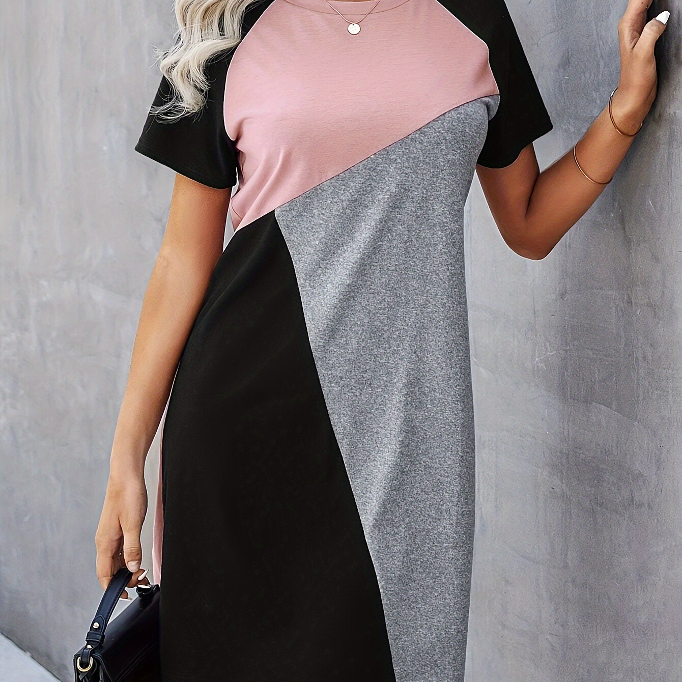 

Color Block Crew Neck Dress, Casual Short Sleeve Dress For Spring & Summer, Women's Clothing