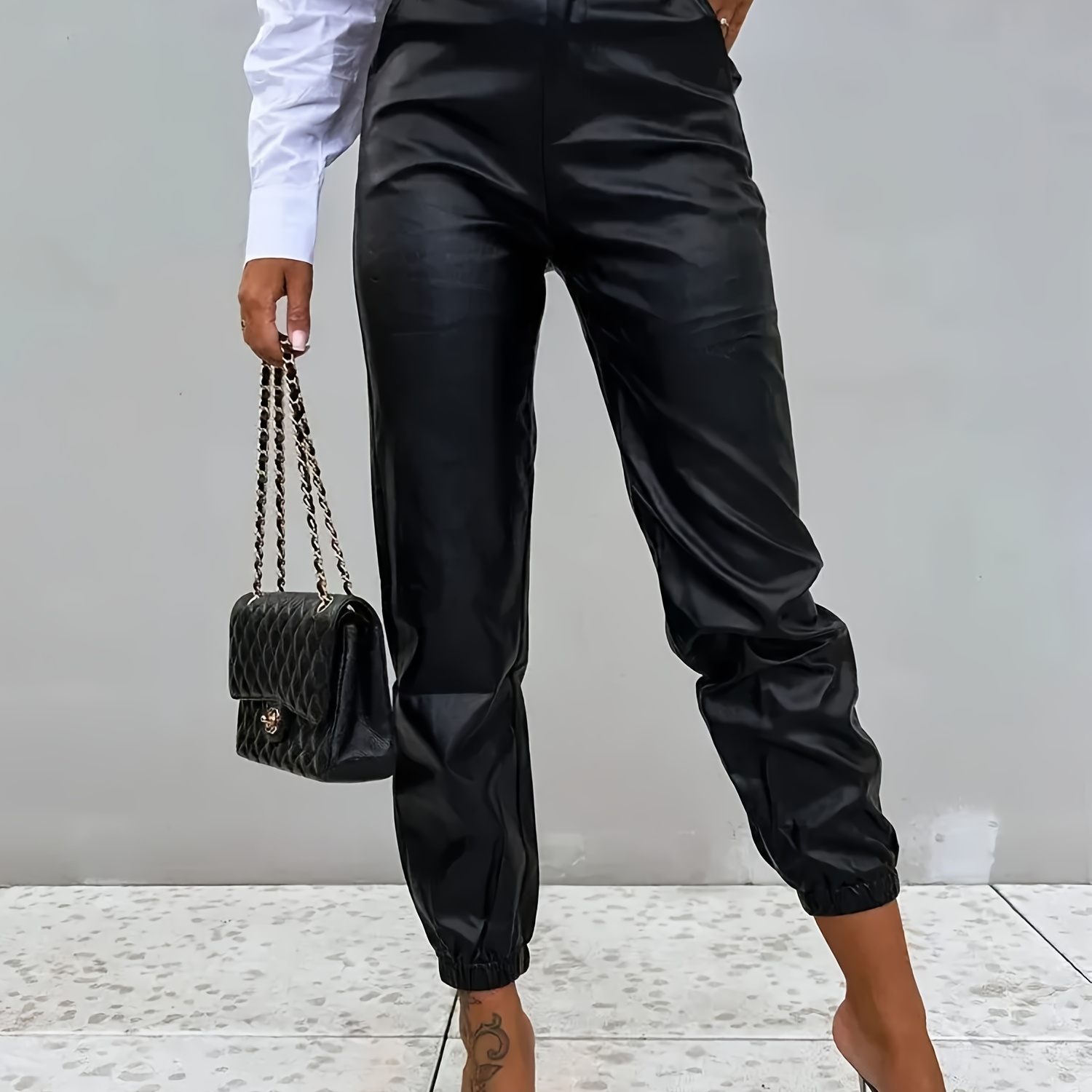 

Faux Leather Jogger Pants, Elegant Slant Pockets High Waist Pants For Spring & Summer, Women's Clothing