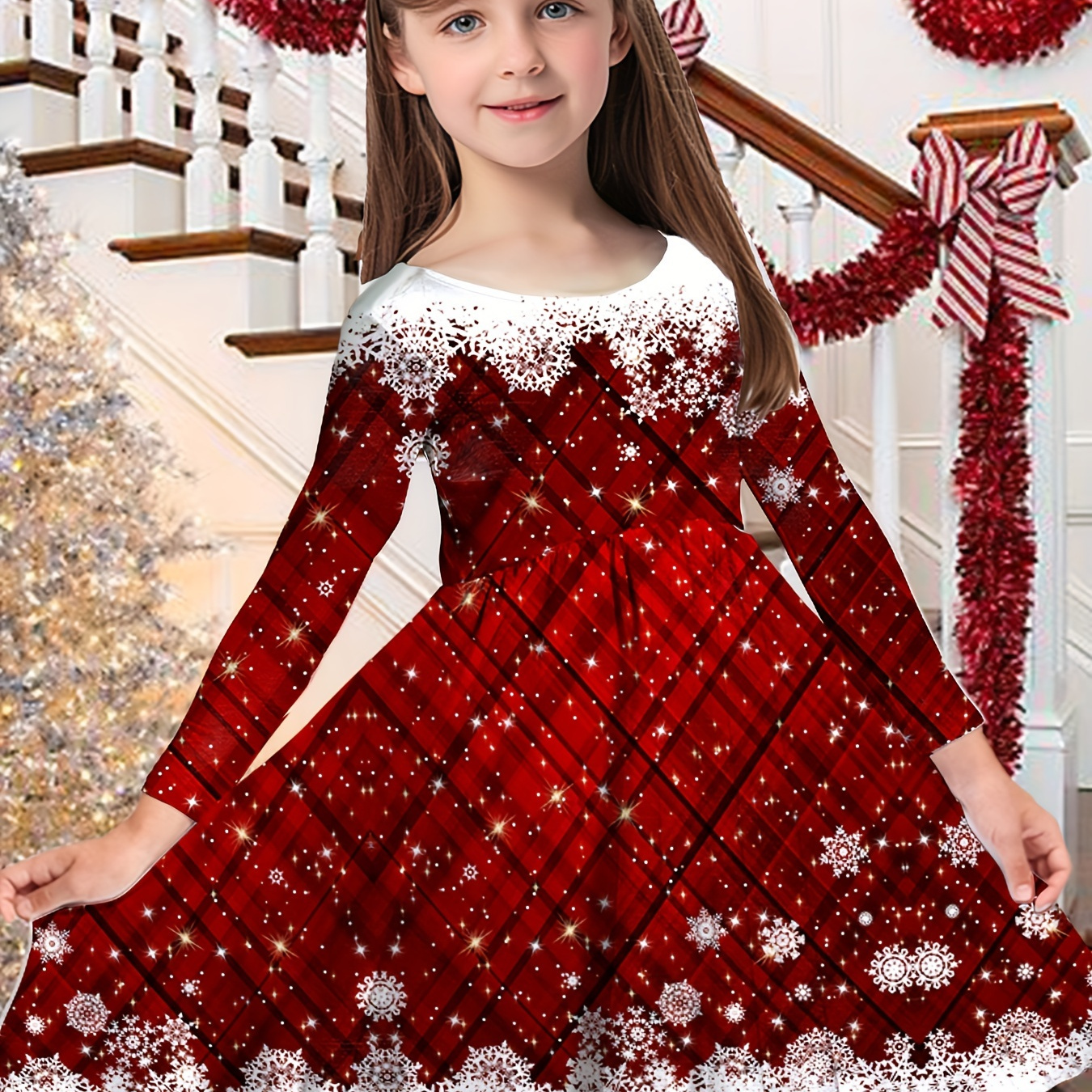 

Fashion Girls Plaid & Snowflake Print Long Sleeve Dress Christmas Red Dress Up Party Dresses