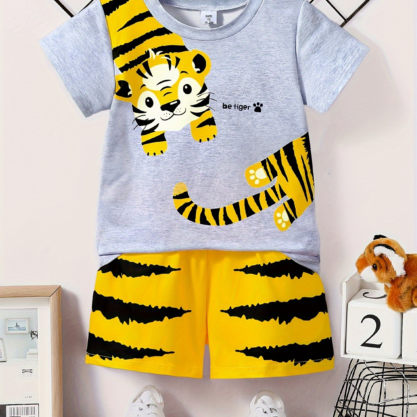 

2pcs/set, Baby Boys Cute Tiger Cartoon 3d Graphic T-shirt & Shorts Set, Casual Clothes For Summer