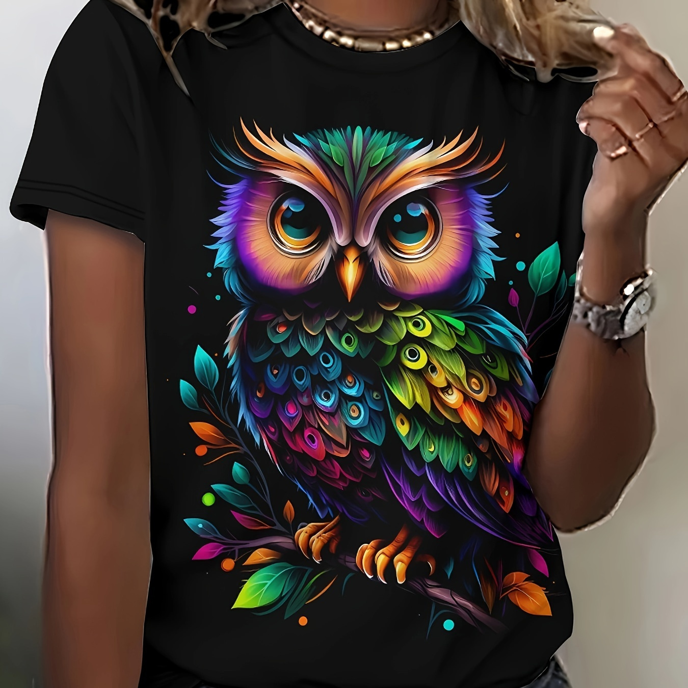 

Owl Graphic Round Neck Sports Tee, Short Sleeve Running Causal Top, Women's Activewear