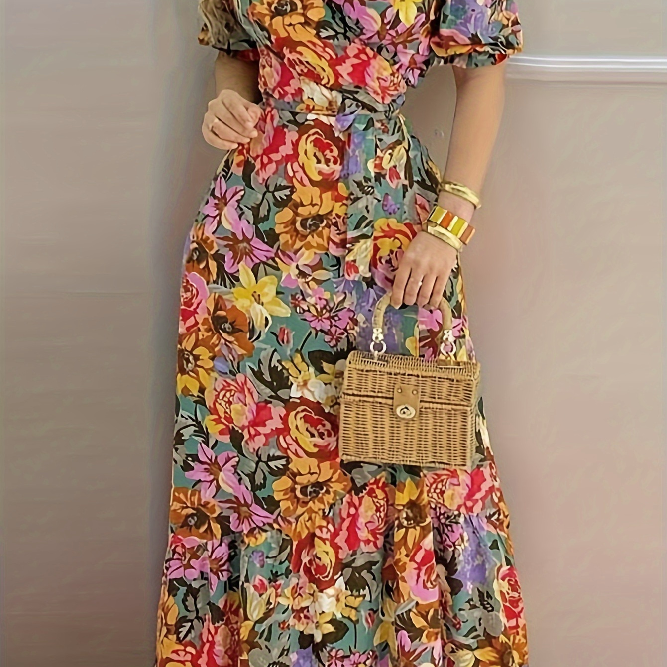 

Robe à col croisé imprimée florale, robe décontractée à manches courtes fendue pour le printemps et l'été, vêtements pour femmes