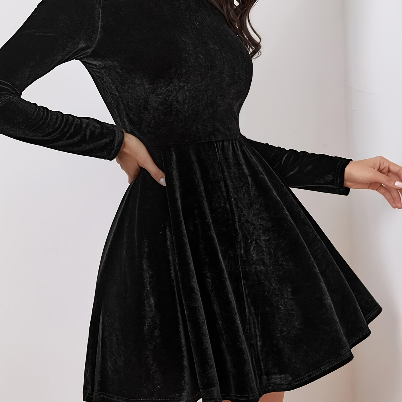 

Velvet Ruffle Hem Aline Dress, Vintage Crew Neck Long Sleeve Dress For Spring & Fall, Women's Clothing