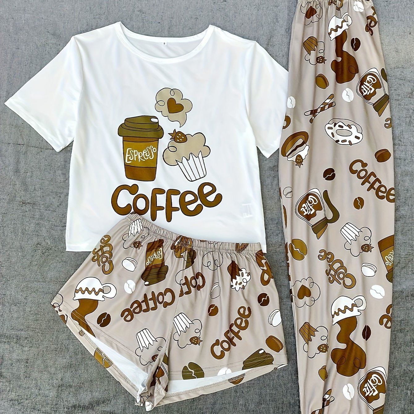 

Women's Plus Cute Pajama Set, Plus Size Coffee & Cake Print Short Sleeve Top & Shorts & Pants Lounge 3 Piece Set