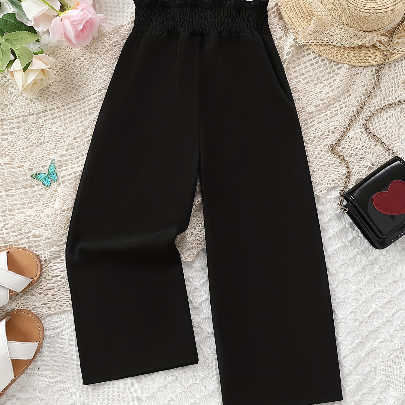 

Casual Paperbag Waist Wide Leg Pants, Girls Comfy Loose Fit Pants For Outdoor Gift, Fluid Pants