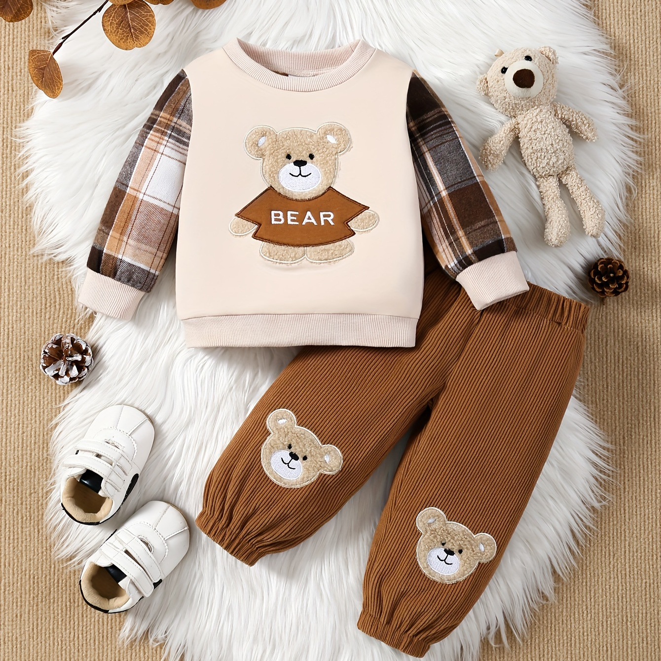 

Bear Embroidery Ribbed Sweatshirt And Matching Sweatpants, 2pcs Causal ,