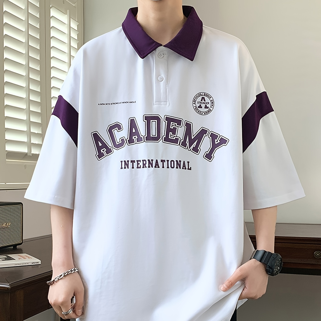 

Men's Loose Color Matching Academy Print Golf Shirt, Casual Cotton Blend Lapel Short Sleeve Shirt For Outdoor