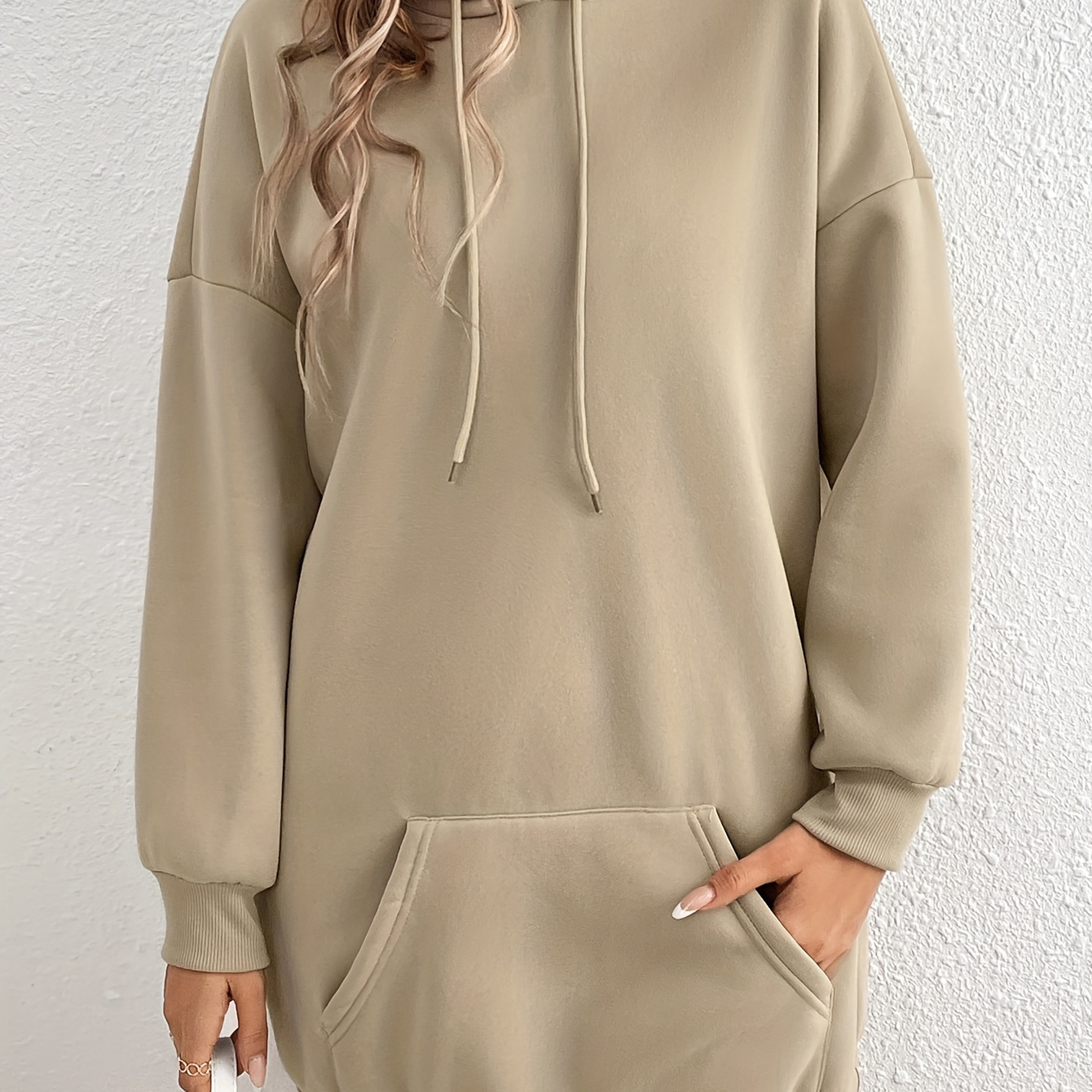 

Drawstring Solid Hooded Dress, Casual Drop Shoulder Pocket Front Dress, Women's Clothing