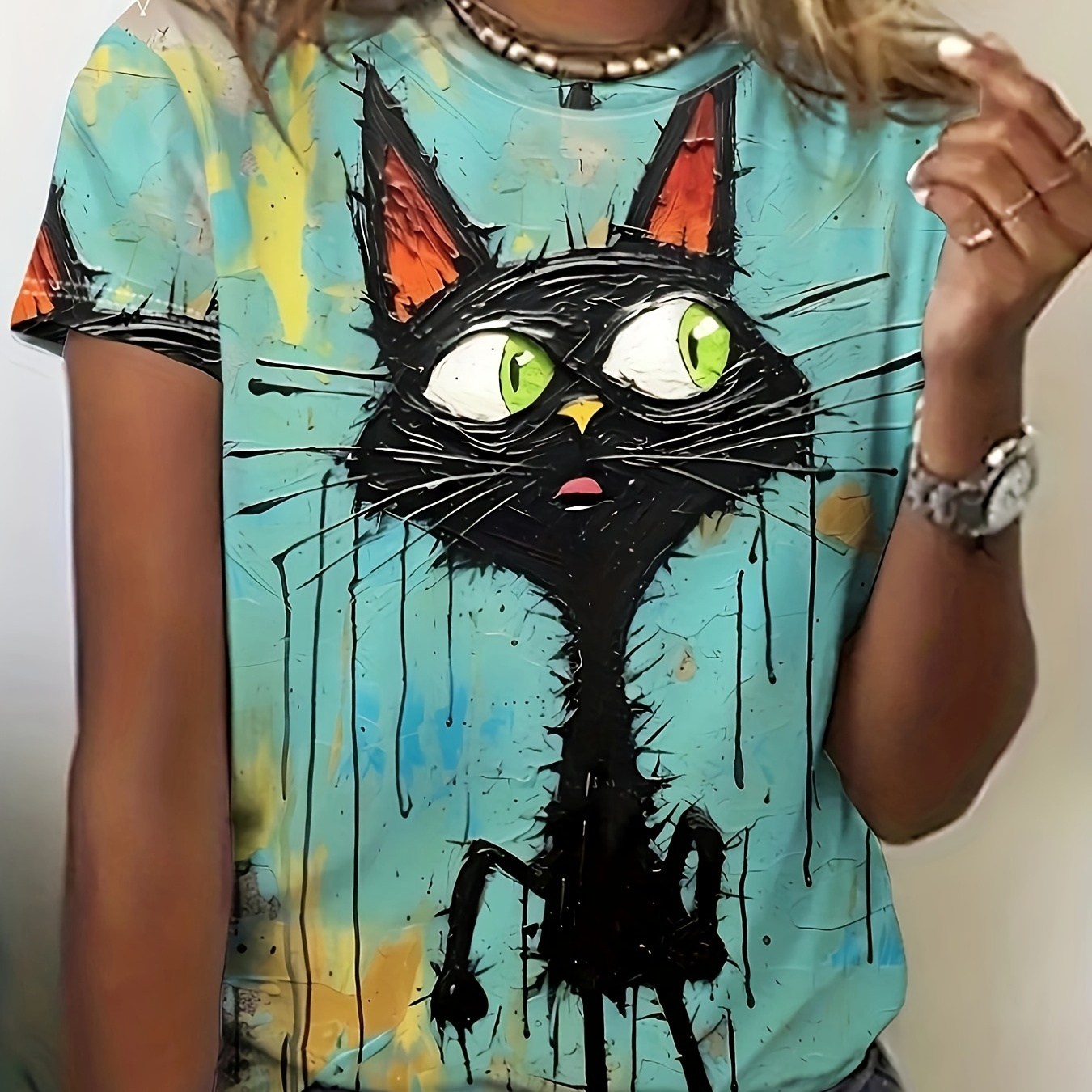 

Cat Neck T-shirt, Short Sleeve Casual Top For Summer & Spring, Women's Clothing