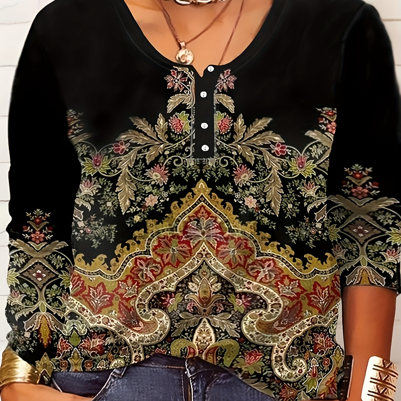 

Plus Size Boho T-shirt, Women's Plus Arabesque Printing Sleeve Round Neck Slight Stretch Henley T-shirt