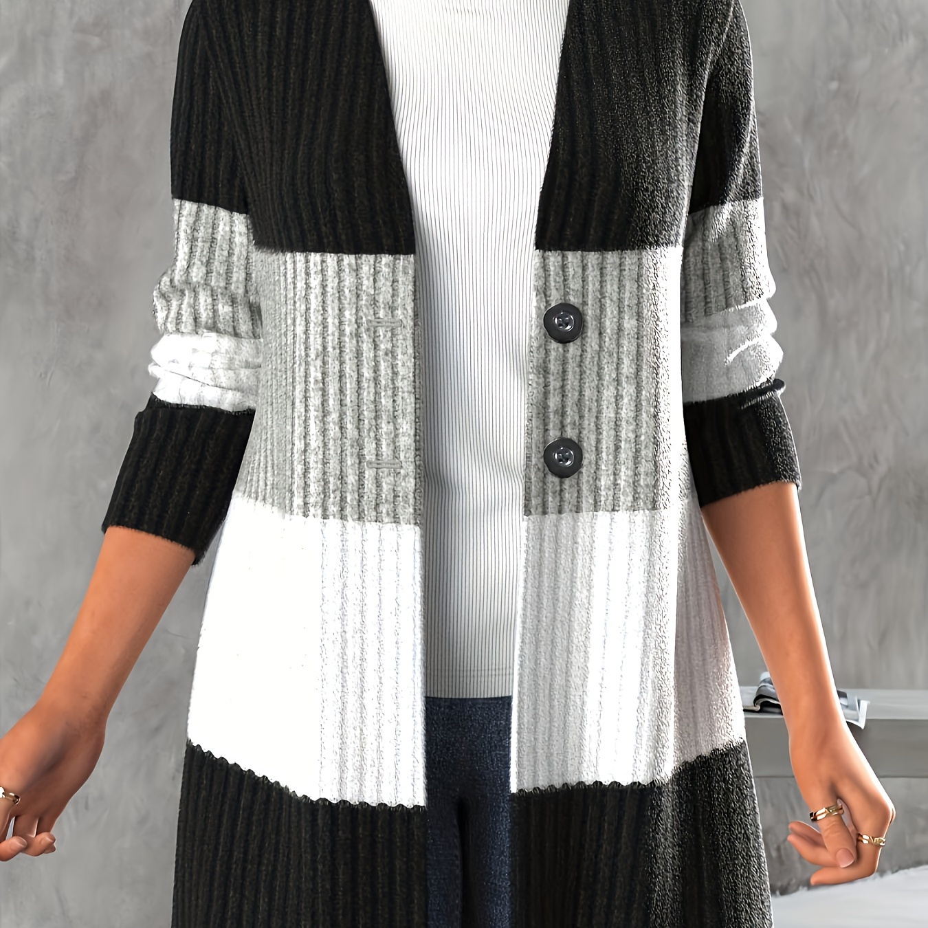 

Color Block Rib Knit Cardigan, Casual Single Breasted Long Sleeve Cardigan For Spring & Fall, Women's Clothing