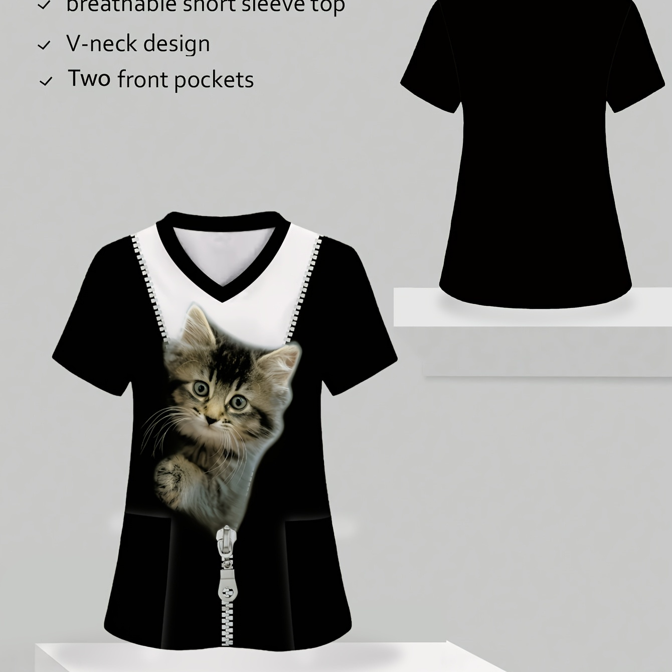 

Women' Short Sleeve V-neck Top With 3d Cute Cat Print, Casual Comfortable Medical Nurse Uniform With Pockets, Polyester Knit Fabric, Spring/summer Collection