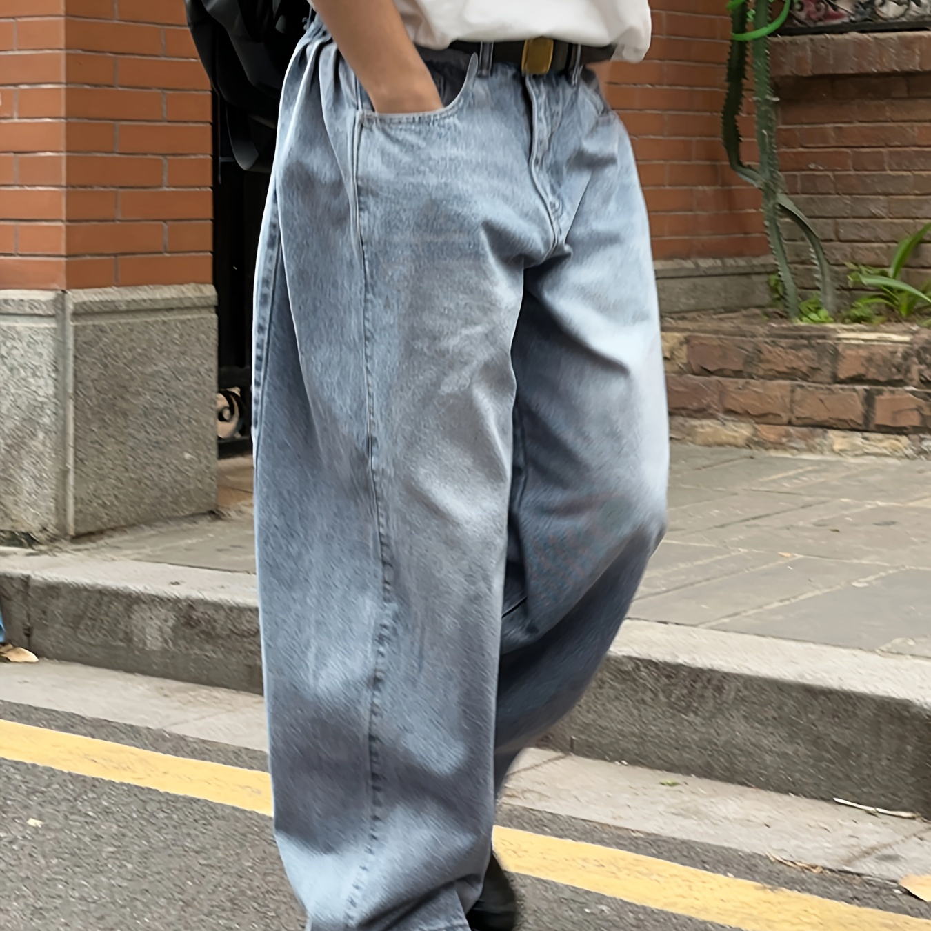

Men's Stylish Loose Fit Wide Leg Washed Denim Jeans, Casual Street Style Denim Pants For Casual Daily Wear, Fluid Pants