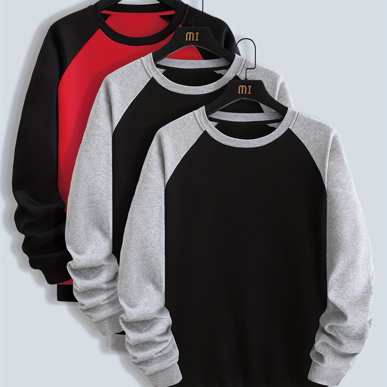 

3pcs Plus Size Men's Sweatshirt Contrast Color Crew Neck Raglan Sweatshirt For Spring/autumn, Men's Clothing
