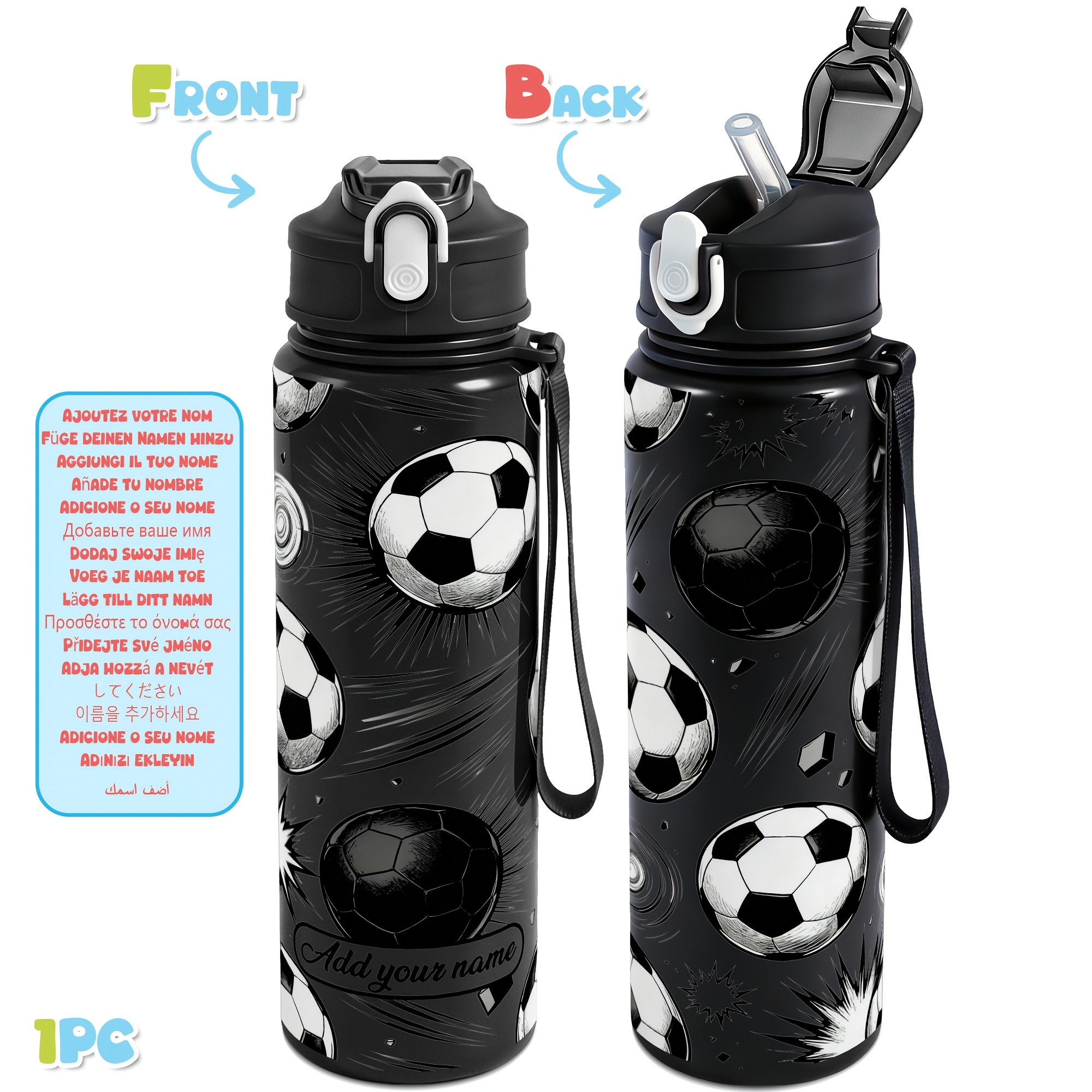 TEMU 1pc, Personalized Soccer Pattern 25oz/750ml Plastic Sports Water Bottle, Leak-proof Custom Name Water Bottle, Ideal Personalized Gift For Soccer