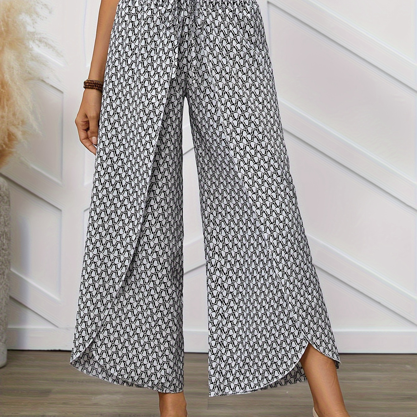 

Print Loose Pants, Elegant Tied Wide Leg Pants For Spring & Fall, Women's Clothing