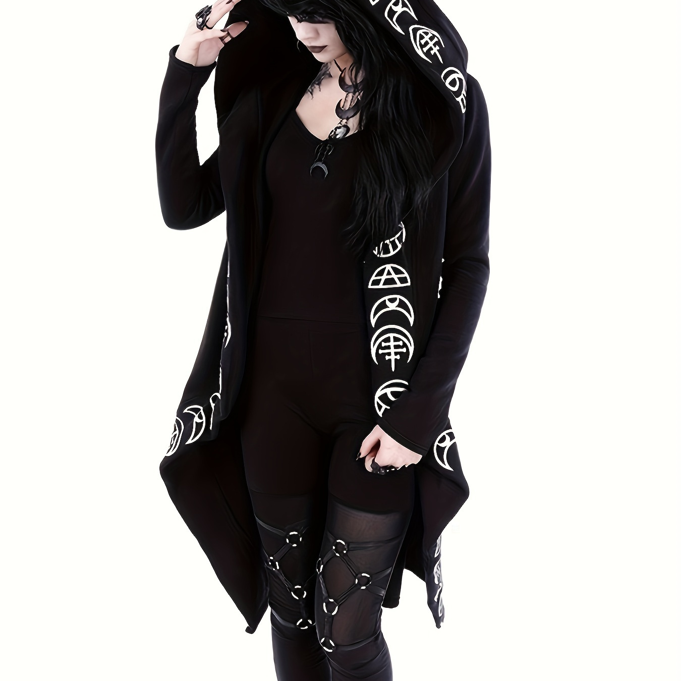 

Women's Hooded Cardigan With Witchcraft Pattern, Gothic Style, Long Sleeves With Hood