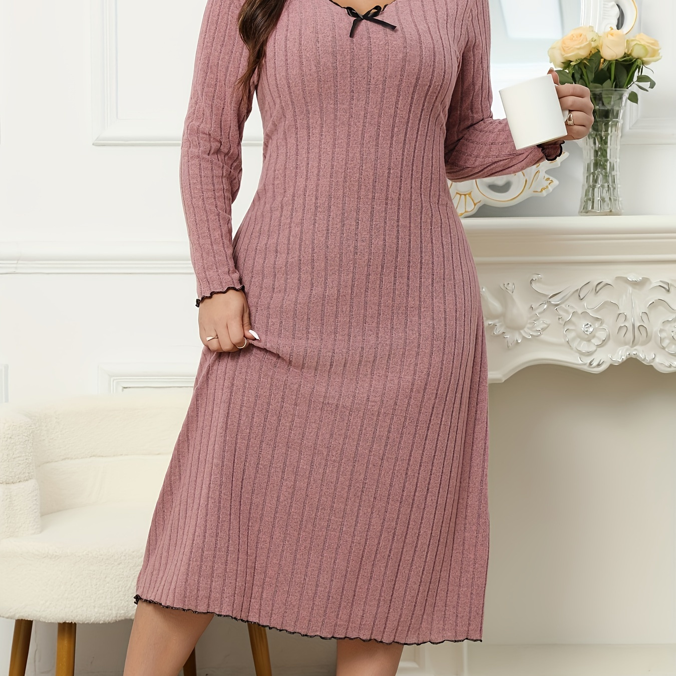 

Plus Size Elegant Loungewear Dress, Women's Plus Ribbed Knit Long Sleeve Bow V Neck Lettuce Trim Nightdress