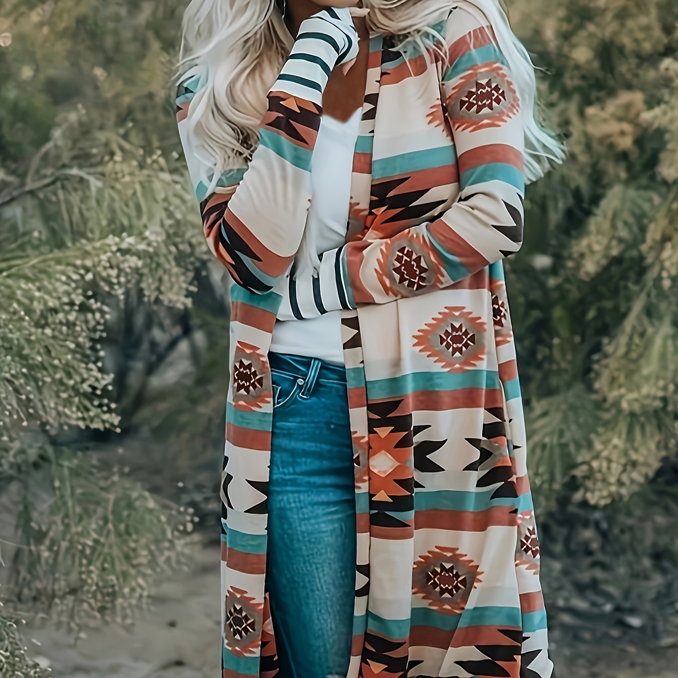 Plus Size Boho Cardigan, Women's Plus Aztec Print Long Sleeve Open Front Long Cardigan