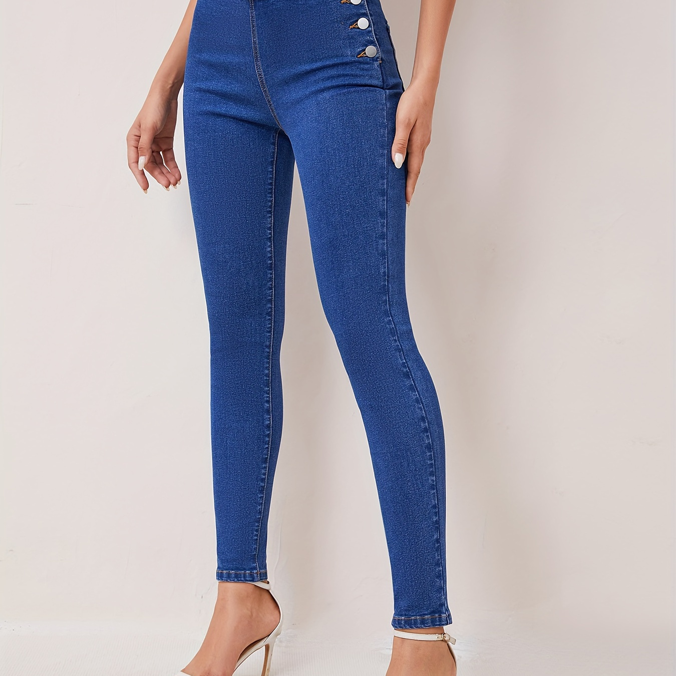 

Side Single-breasted High Rise Denim Pants, Plain High Stretch Skinny Jeans, Women's Denim Jeans & Clothing
