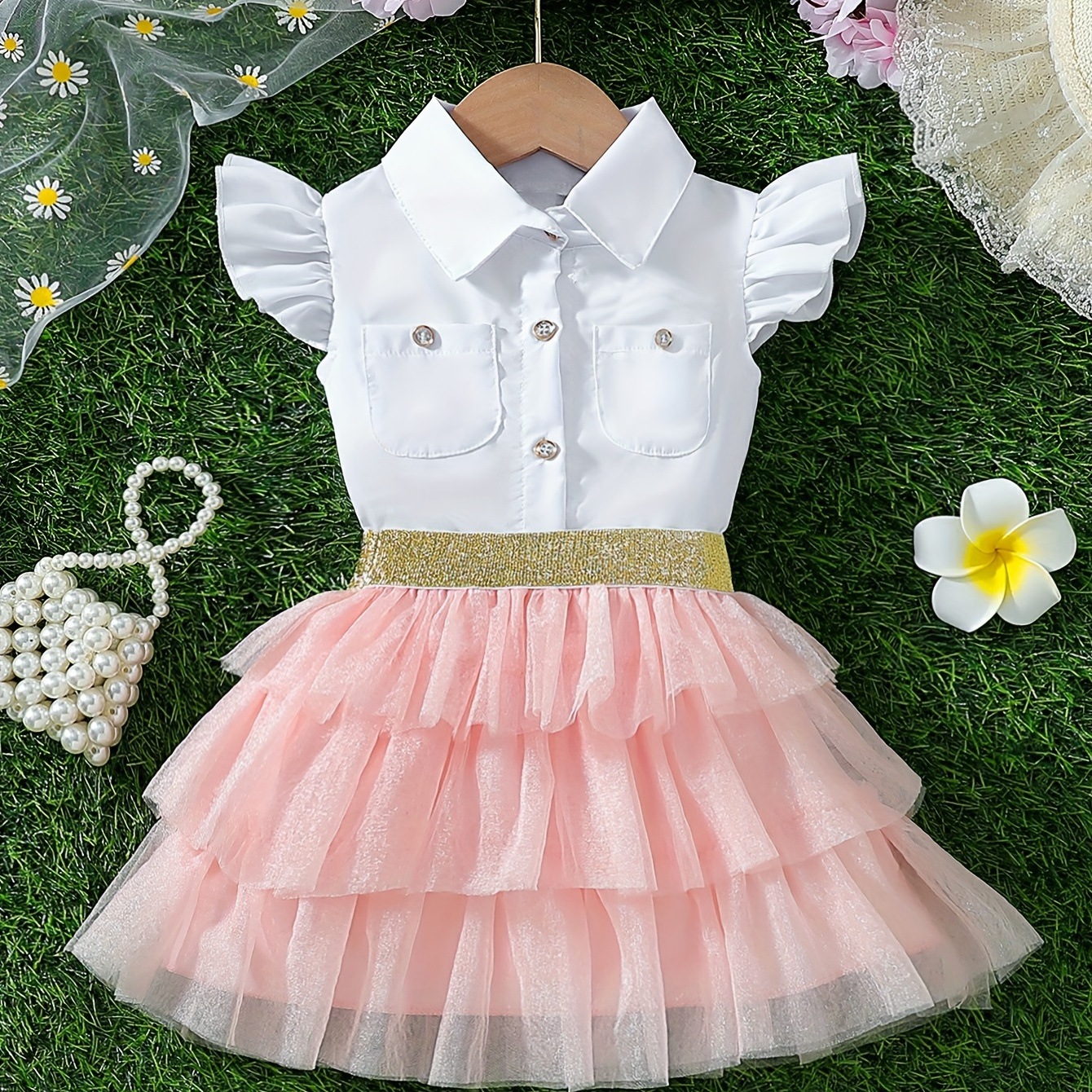 

Baby's Lovely 2pcs Summer Outfit, Cap Sleeve Blouse & Layered Mesh Tutu Skirt Set, Toddler & Infant Girl's Clothes