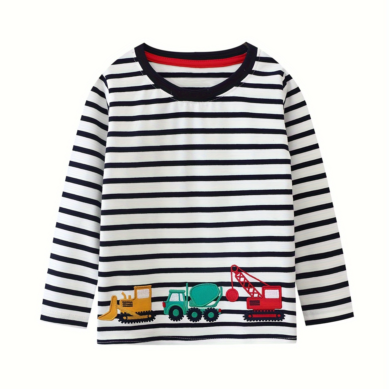 

Boys Long Sleeve Striped Cartoon Car Embroidered T-shirt, Tees For Boys, Casual T-shirt For Spring Fall