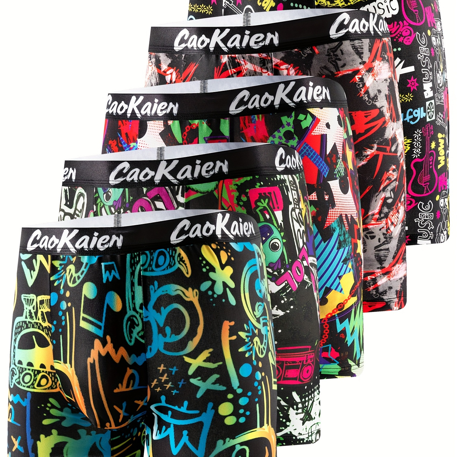 

5-pack Caokaimen Men's Long Boxer Briefs, Geometric Graffiti Pattern, Knit Polyester Fabric, Medium Stretch, Comfortable Breathable Underwear