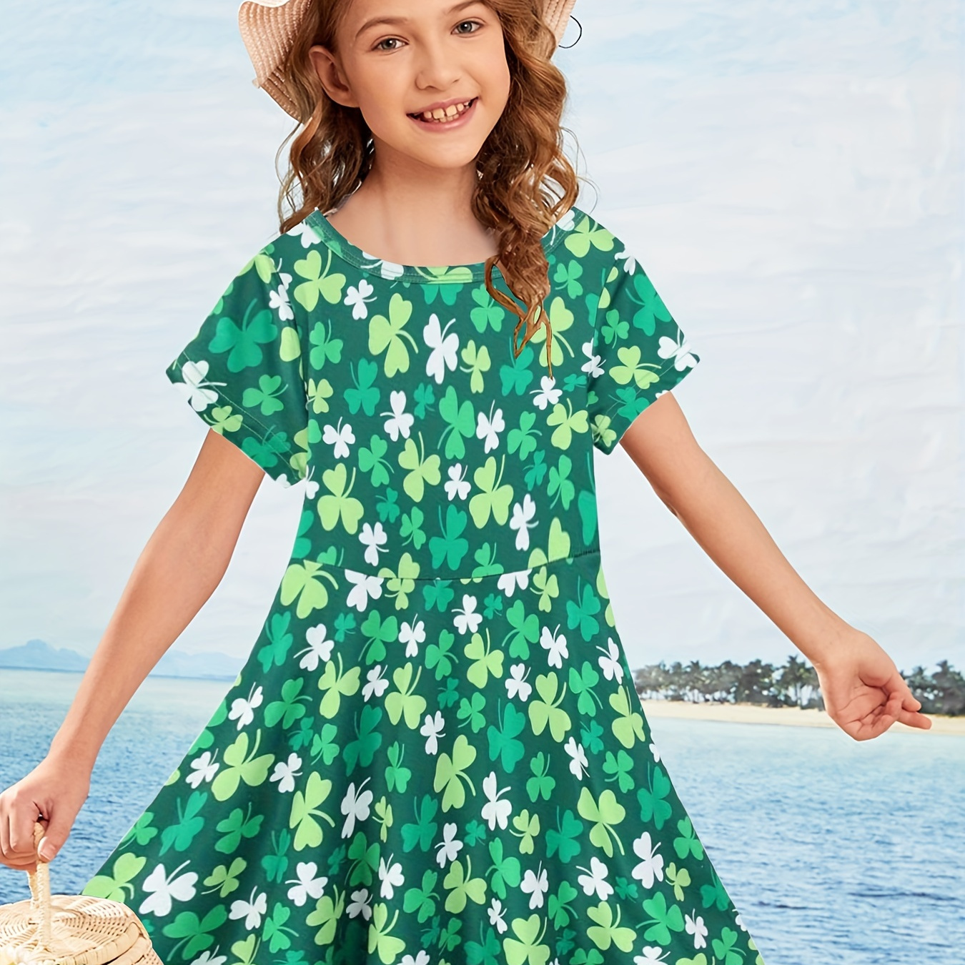 

Sweet Girls Casual Shamrock Graphic Short Sleeve Dress For Summer St. Patrick's Day Gift