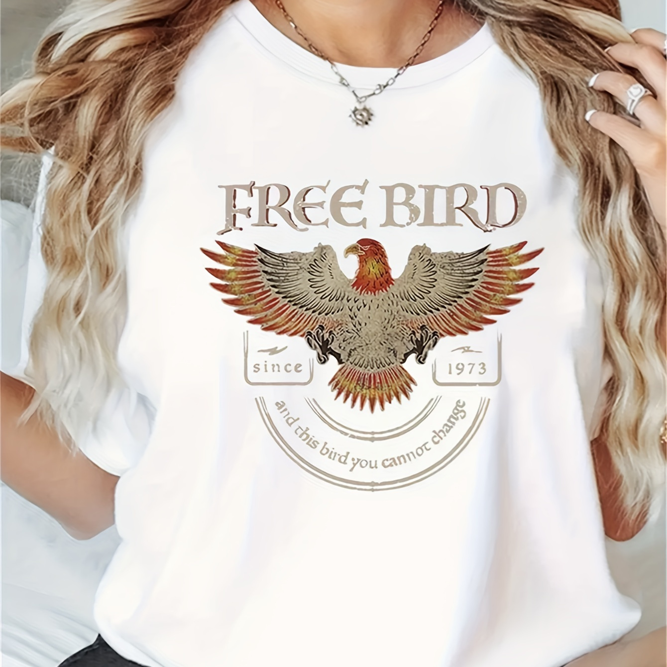 

Women's "free Bird" Eagle Print T-shirt, Casual Round Neck Tee With 1973 Graphic, Short Sleeve, Sporty & Top, Collection