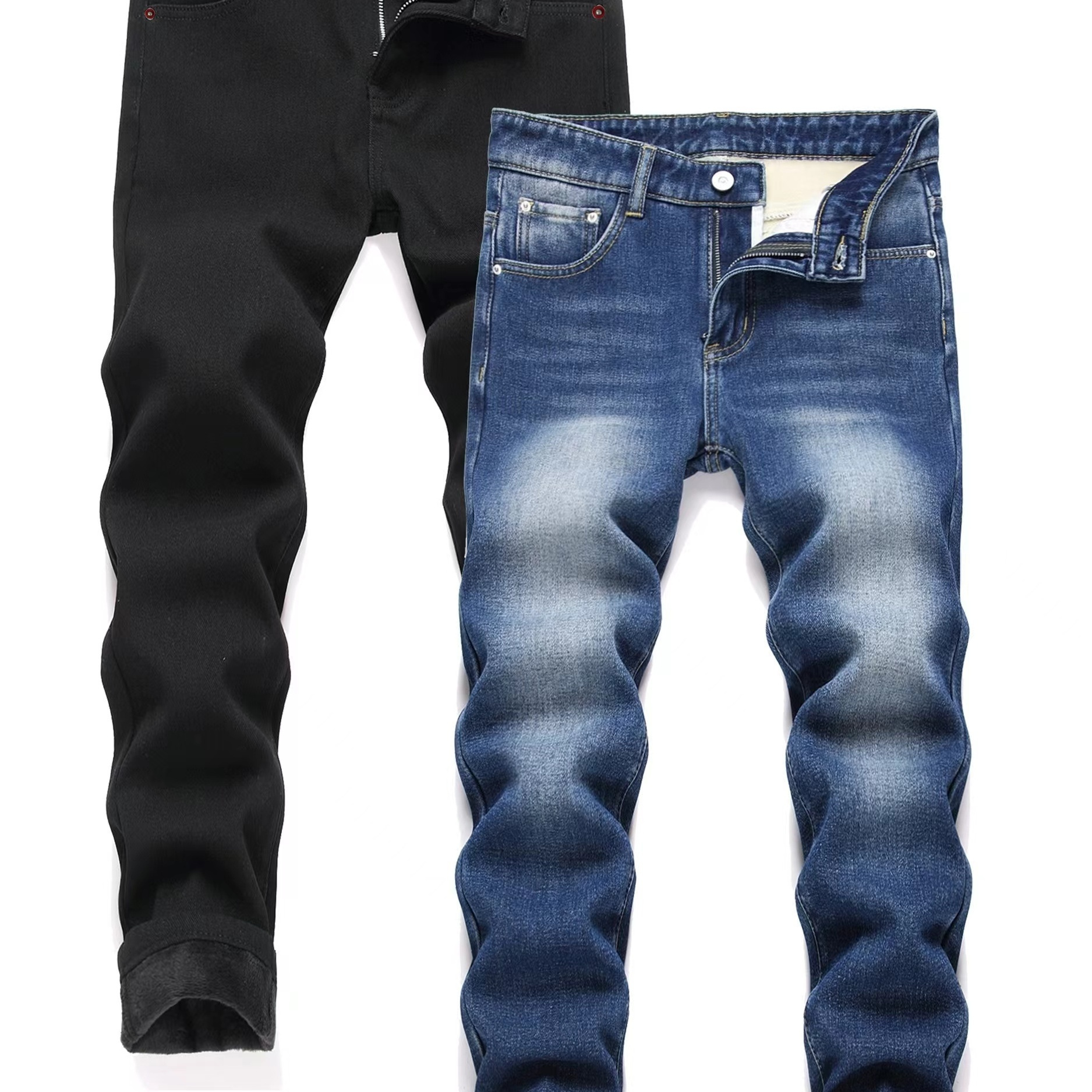 

Boys Denim Jeans 2-pack, Fleece Washed Cotton Casual Fit Straight Jeans, Solid Color, Woven, Non-stretch, For Children