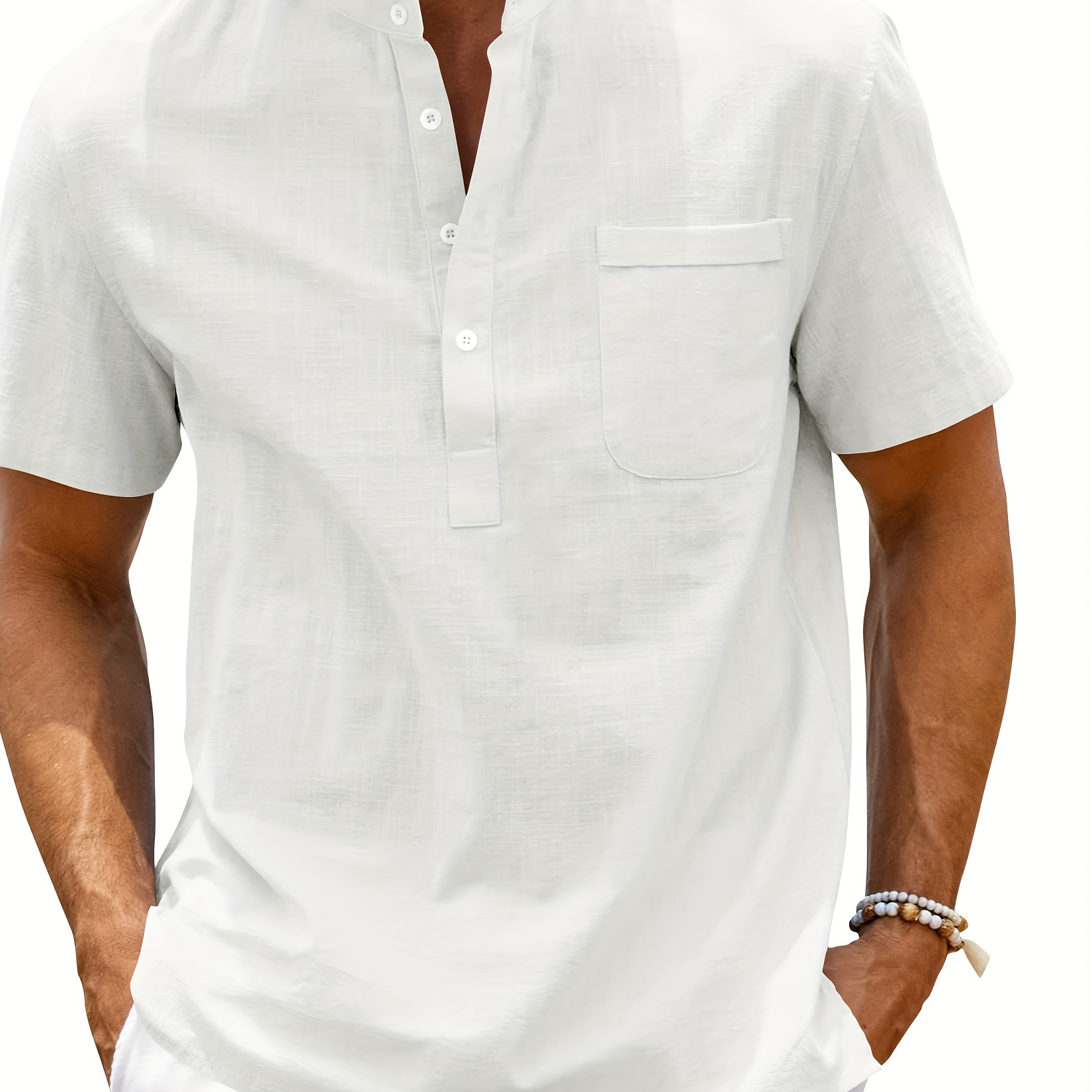 

Men's Solid Henley Shirt With Chest Pocket, Casual Stand Collar Slim-fit Short Sleeve Shirt For Summer Outdoor Activities