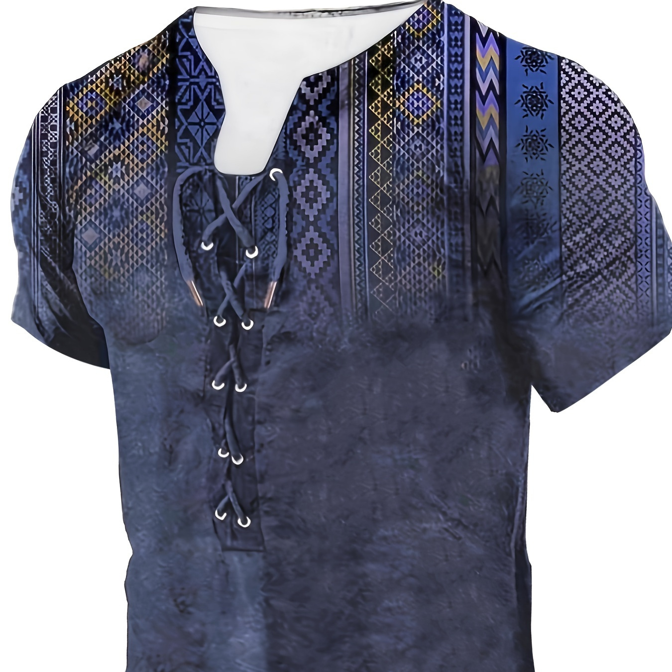 

Ethnic Style Graphic Pattern Men's Short Sleeve Henley Shirt With Zip Up, Chic And Stylish Tops For Summer Outdoors And Holiday Wear